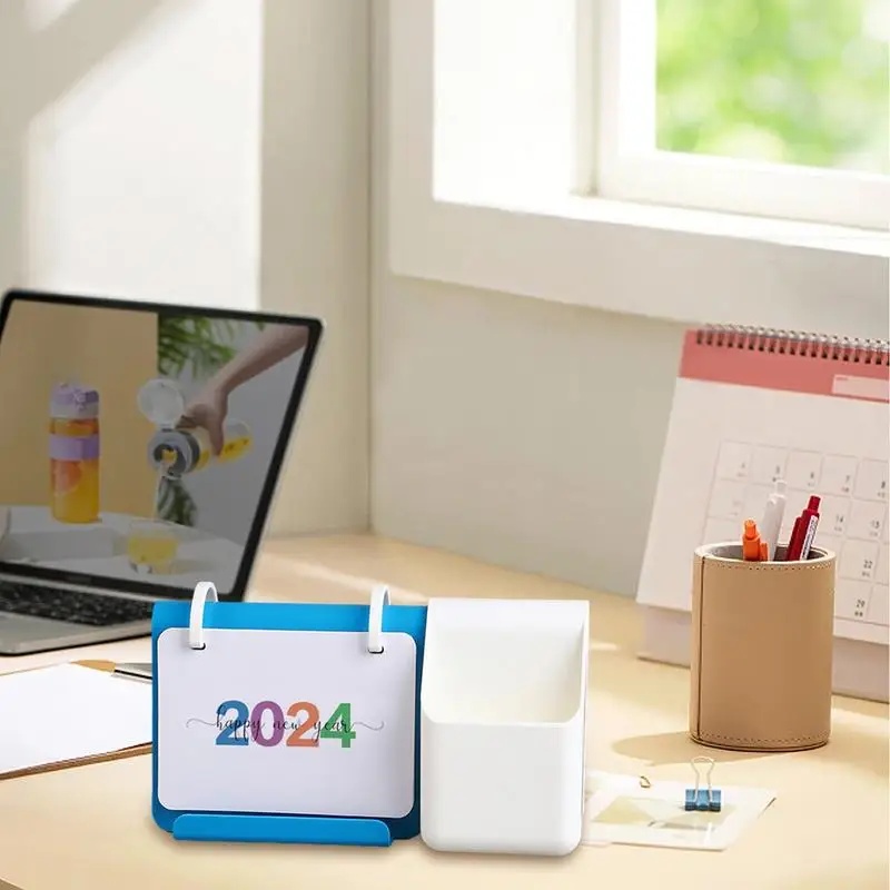 Mini calendário em pé com caneta titular, mesa multifuncional, desktop, em pé, design simples, mensal, 2024