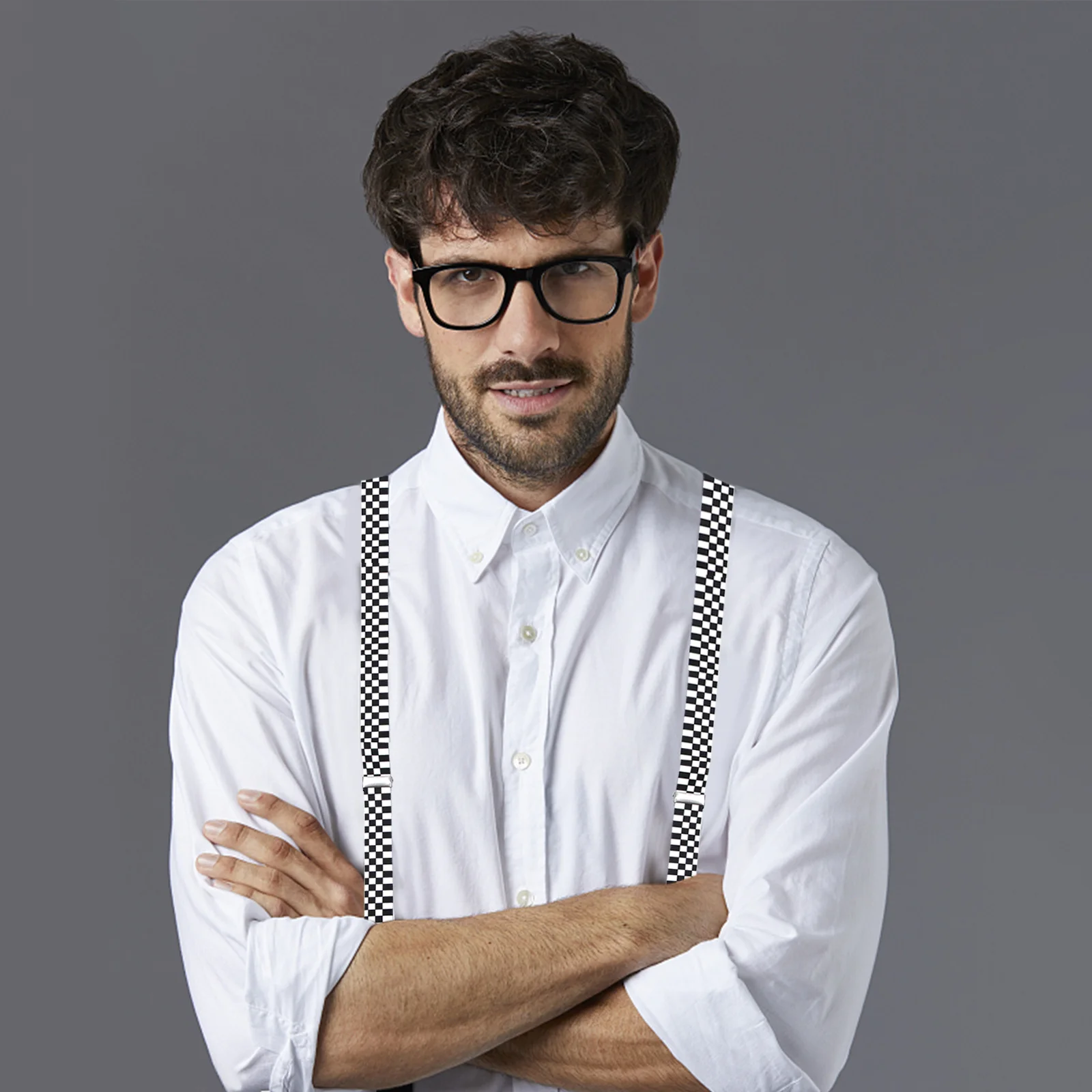 Checkered Clip-on Braces, elástico Y-back Suspender, preto e branco