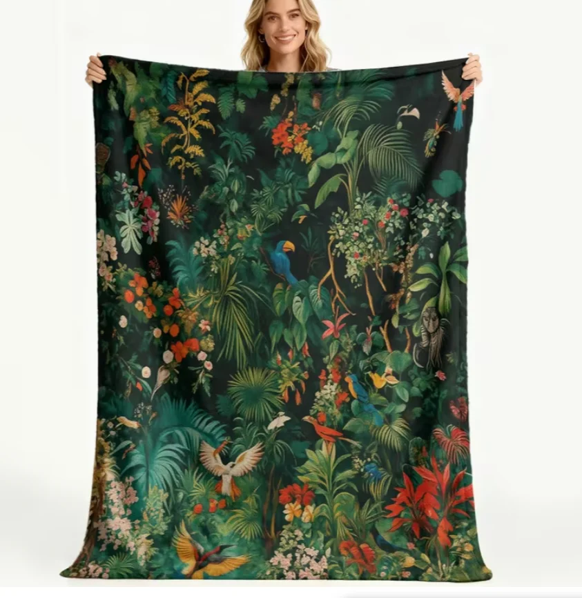 Luxurious Flannel Throw Blanket with Tropical Jungle Colorful Birds Print Cozy Soft Warm Sofa Vibrant Nature Theme Blanket