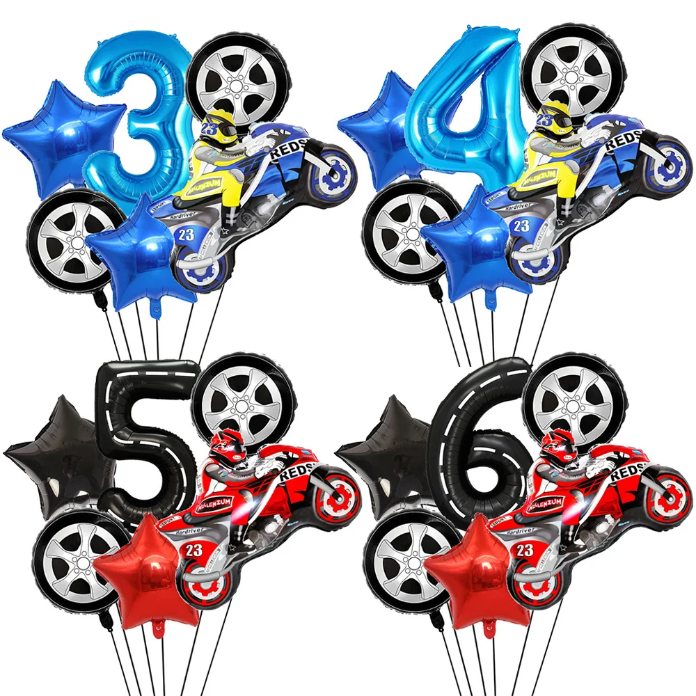 6 stücke Rot Blau Motorrad Rad Reifen Nummer 0-9 Luftballons Set Jungen Racing Auto Geburtstag Party Baby Dusche dekoration Lieferungen – Detail 1