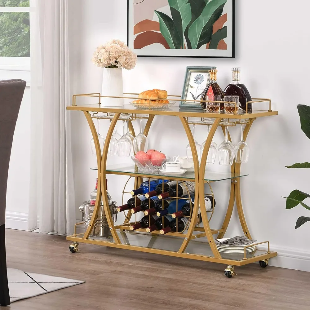 Bar Serving Cart with Glass Holder and Wine Rack, 3-Tier Kitchen Trolley Tempered Shelves Gold-Finished Metal Frame