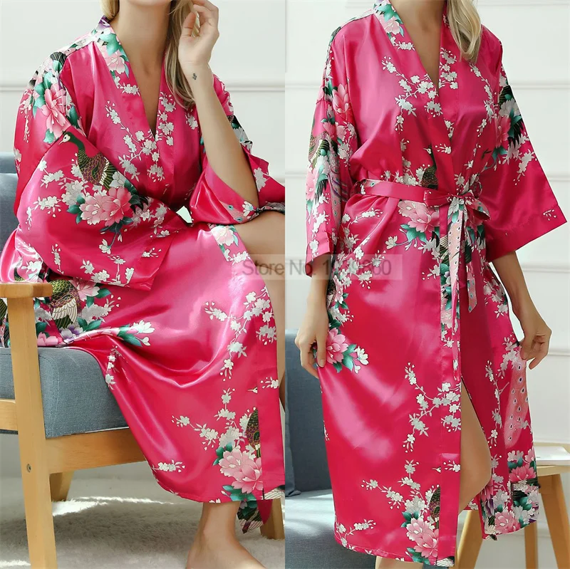 Long Satin Robe Lady Print Peacock Nightwear 3XL Kimono Bathrobe Gown V-Neck Lingerie Large Size Nightgown Lounge Wear Sleepwear