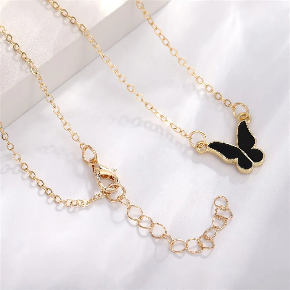 5 PCS Enamel Colorful Butterfly Pendant Bracelet Earrings for Women Romantic Chain Necklace Wedding Party Charms Jewelry Set
