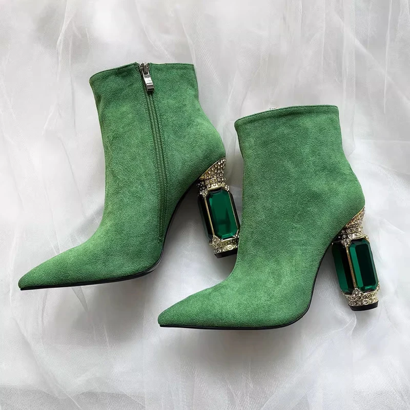 

Green Black Suede Diamond Crystal Square Heels Ankle Boots Woman Pointed Toe Zipper Royal Rhinestone Heels Booties Shoes