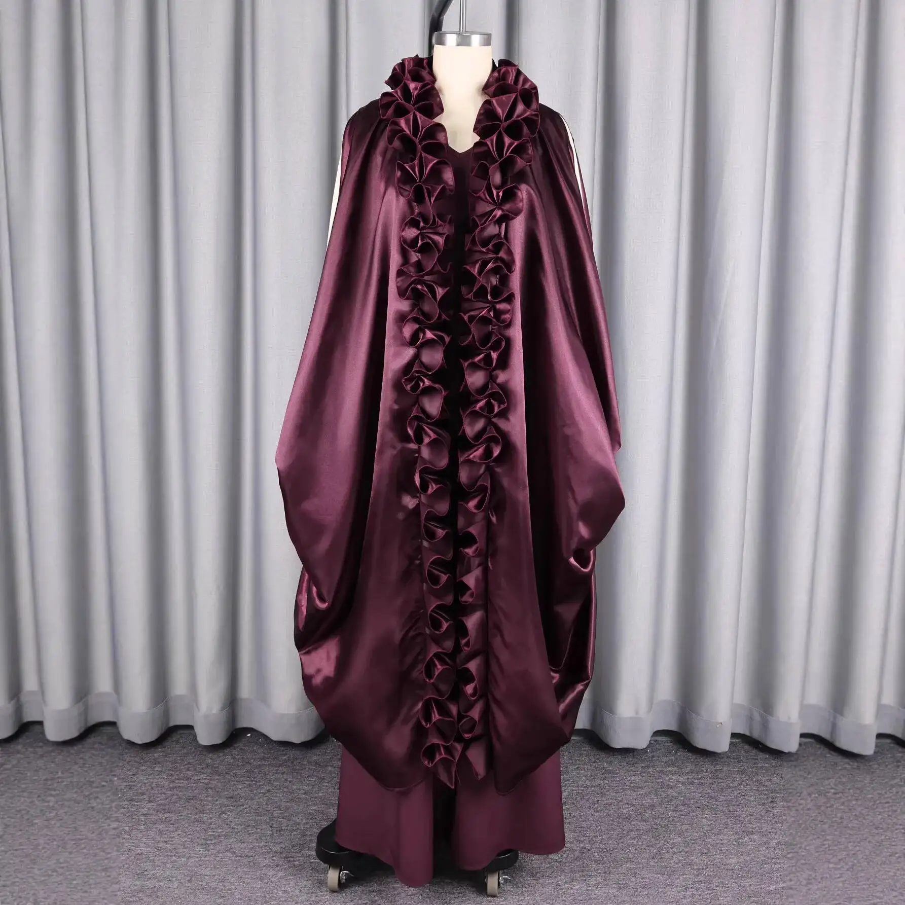 Burgundy Satin Ruched Lace Shawl Jumpsuit Set, Loose V-neck Robe, Elegant Two-piece Evening Outfit