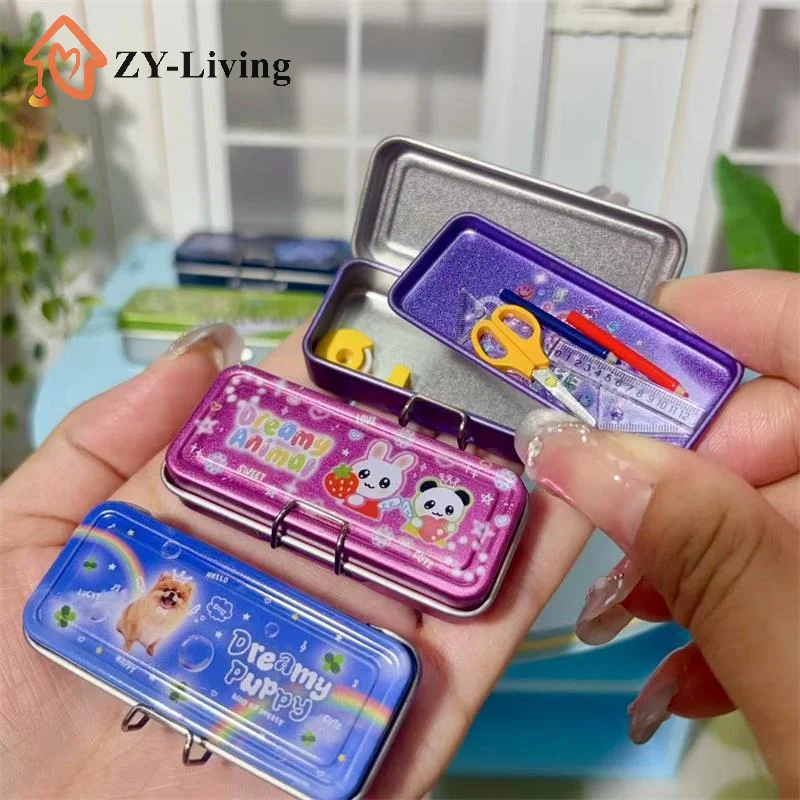 Dollhouse Miniature Double Layer Iron Pencil Box Pen Ruler Measuring Tape Scissors Model Micro Landscape Decor Pretend Play Toy