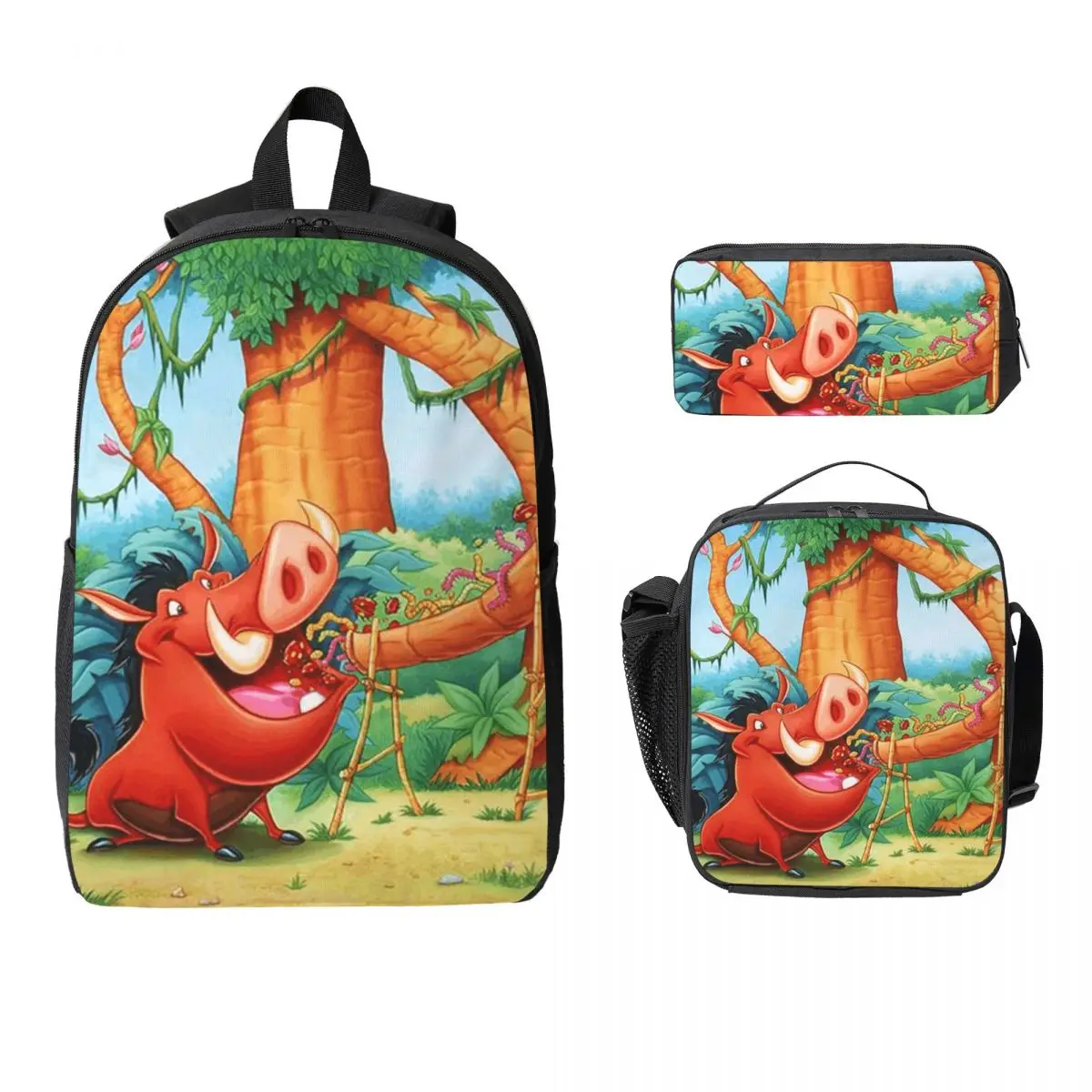 

Рюкзак Timon And Pumbaa, студенческая сумка для книг для мальчиков и девочек, школьная сумка, сумки на плечо для ноутбука, изолированная сумка для обеда 3 шт., пенал