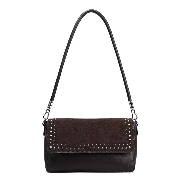 Women's Nubuck Leather Small Square Bag 2026 New Retro Studded Bag Genuine Leather Minimalist Crossbody Shoulder Bag for Women