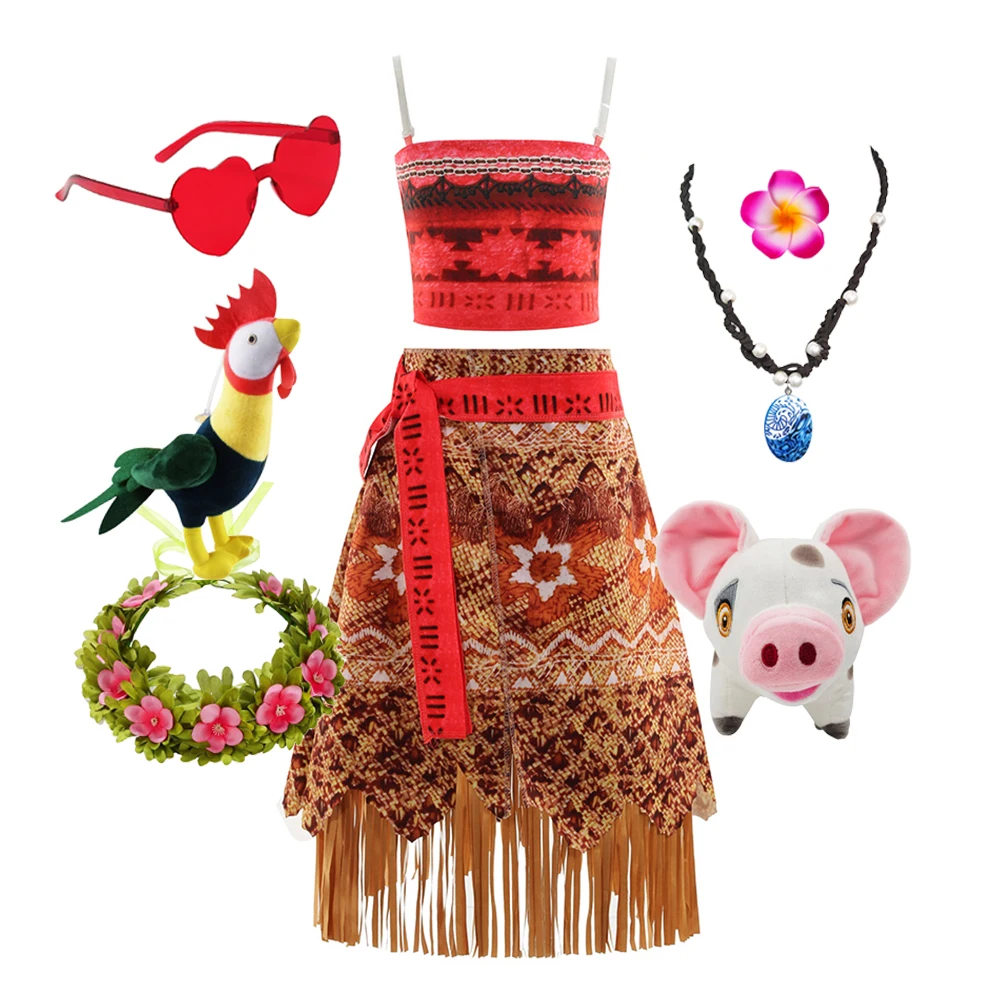 

Костюм Моаны, платье для косплея, карнавальный костюм принцессы для девочек на день рождения, костюм с ожерельем и цветком, летний комплект