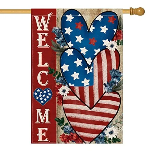4th of July Love Heart House Flag 28x40 Inch Double House Size-28 x 40