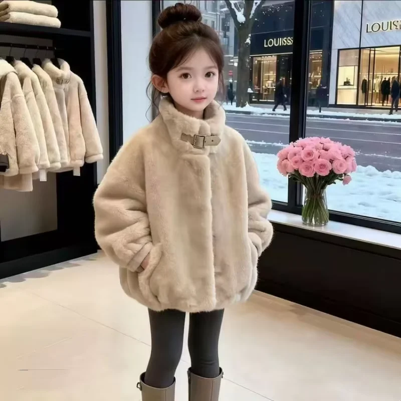2026 New Fashion Girls Autumn Winter Warm Coat Kids Stylish Short Faux Fur Thickened Padded Jacket Children Clothing