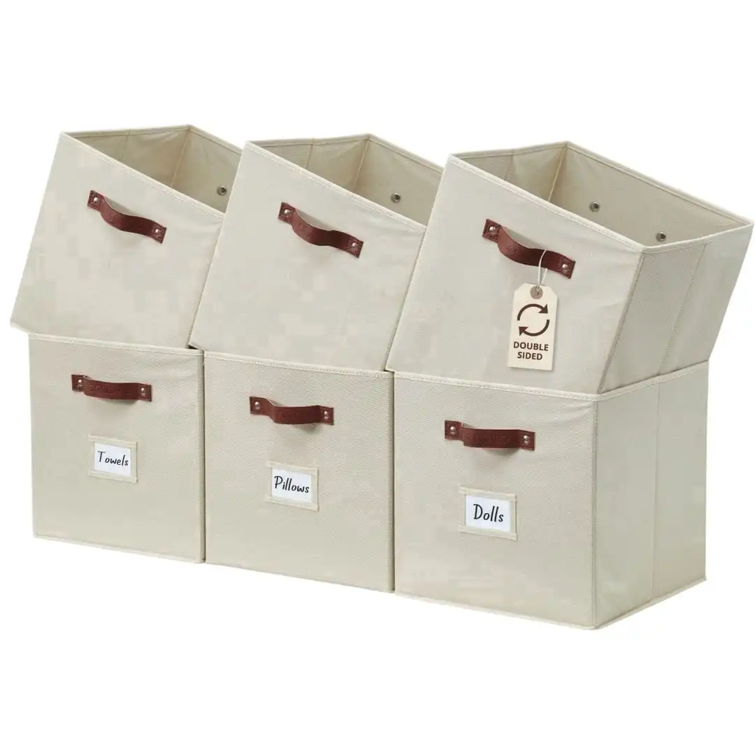 Set of 6 Fabric Cube Storage Bins, Beige Closet Organizer Storage Bins