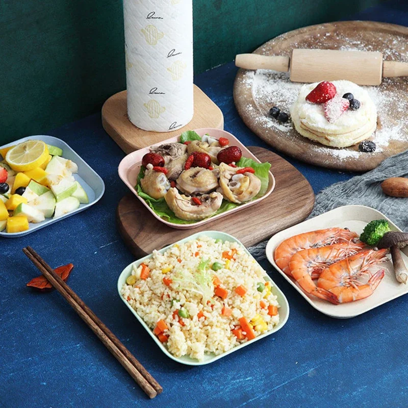 9Pieces Dessert Plate Pure Natural Wheat Square Snack Straw Bowl Sauce Seasoning Dish Degradable ECO-friendly Tableware