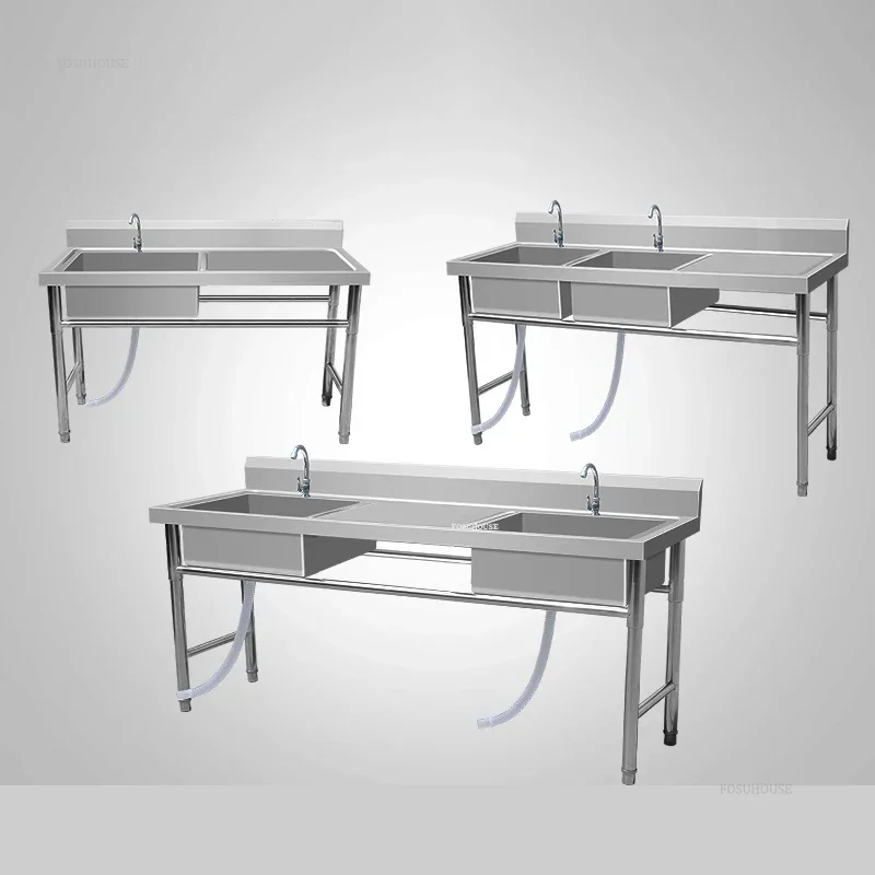 Commercial Floor-standing Sink for Canteen Thickened Stainless Steel Kitchen Sinks with Platform Modern Simple Dishwashing Sink