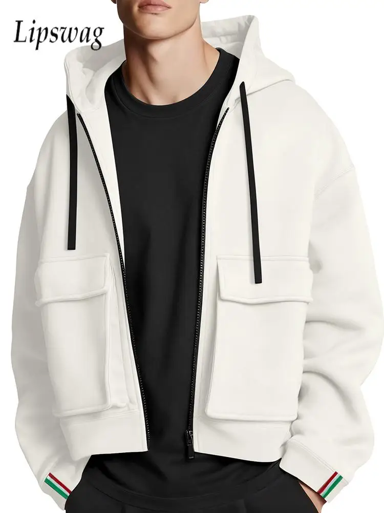 

Винтажные мужские куртки с капюшоном на молнии, осень-зима, новые повседневные однотонные свободные верхняя одежда, мужские модные куртки на шнурке, пальто
