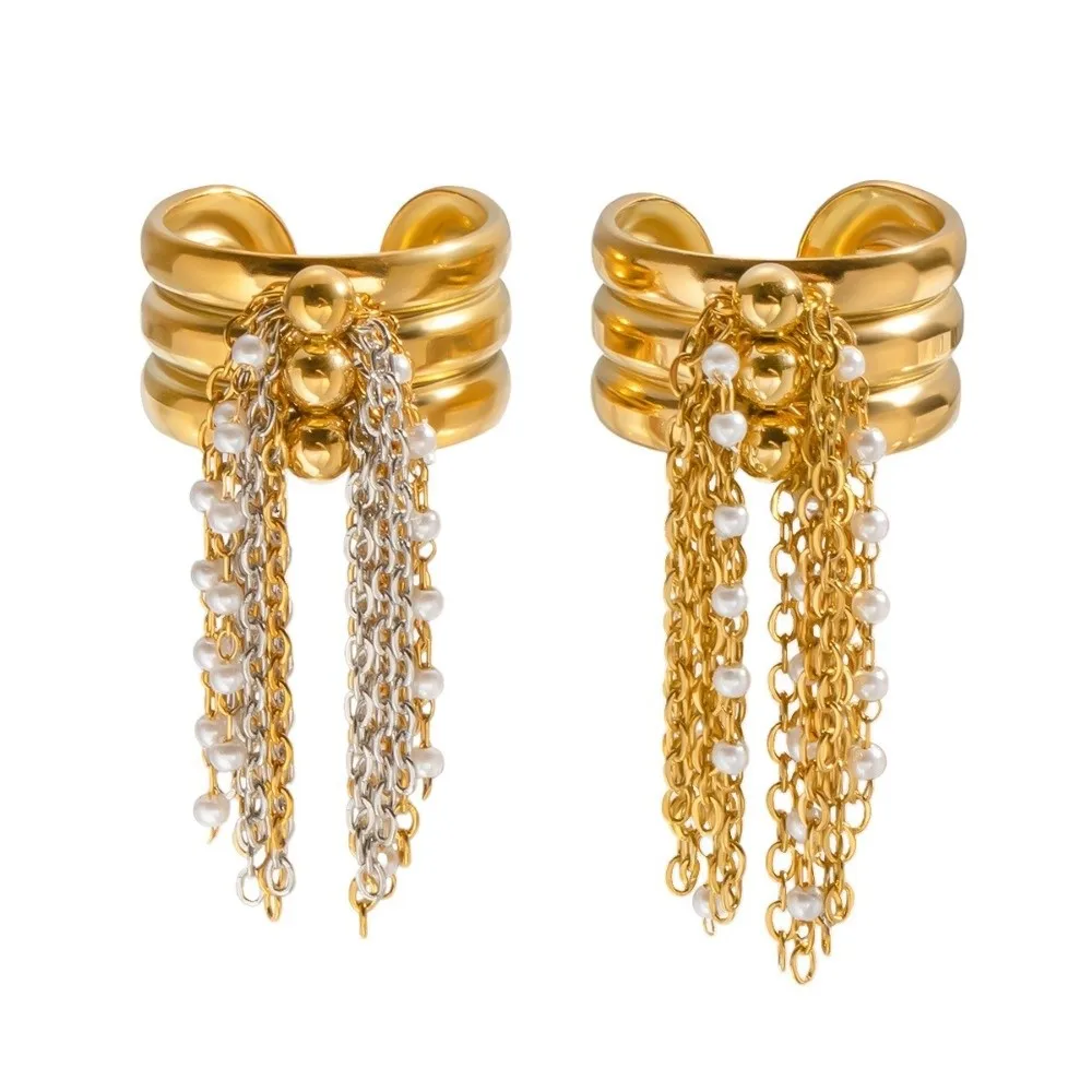 Fashion Stainless Steel Tassel Ring Beaded Chain Three-Layer Gold Color Plated Ring Open Finger Ring Jewelry Accessories