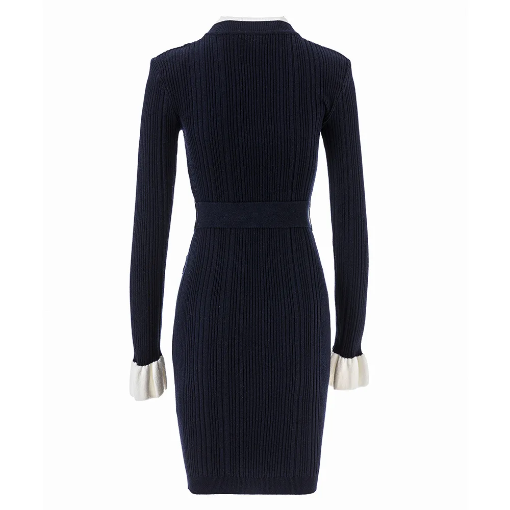 Vestidos cortos de punto liso con cinturón de una sola botonadura y cuello redondo para mujer, Vestidos elegantes de otoño 2025, Vestidos de fiesta de manga larga coreanos Chic