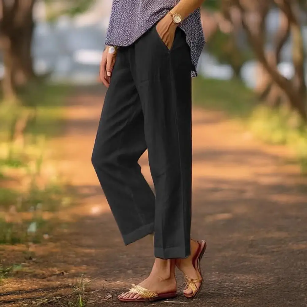 Frauen Baumwolle Leinen Hosen Casual Lose Feste Elastische Taille Tasche Gerade Hosen Damen Oversize Breite Bein Hose Streetwear