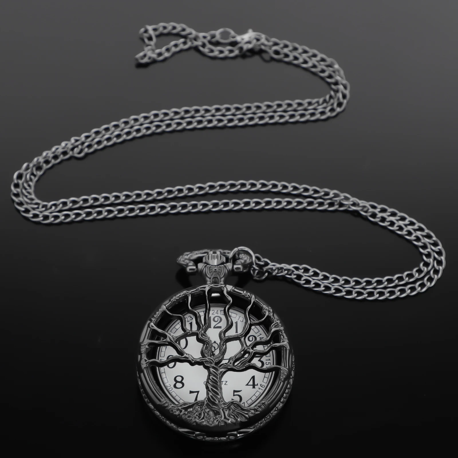 Vintage Black Tree of Life Quartz Pocket Watch Necklace Steam Punk Men's Women Pendant Fob Clock Reloj De Bolsillo