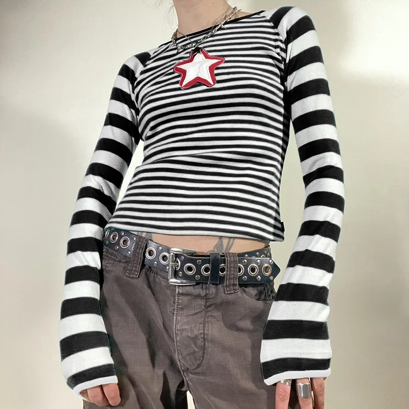 90s Vintage E-girl Emo Clothes Striped long sleeved T-shirt Y2K Grunge Knitted Autumn Tees Harajuku stars graphical Tee Streetwe