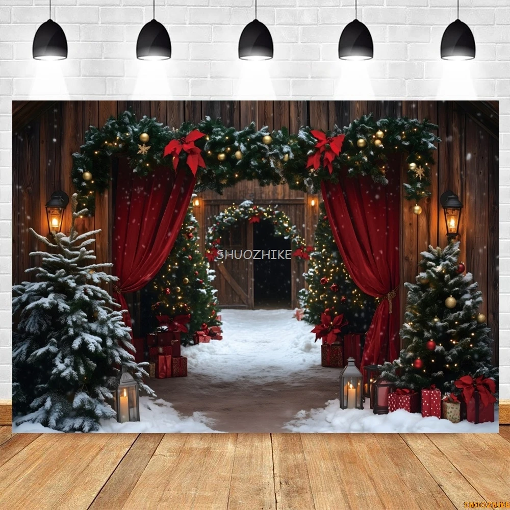 Christmas Red Barn Door Backdrop Farm Warehouse Snow Xmas Tree Light Gifts Kids Portrait Family Party Photography Background
