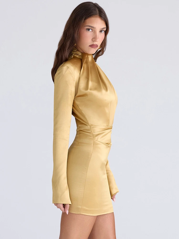 Julissa mo cetim gola alta ruched mini vestido feminino amarelo manga longa vestido de cintura alta outono magro elegante festa clube vestidos