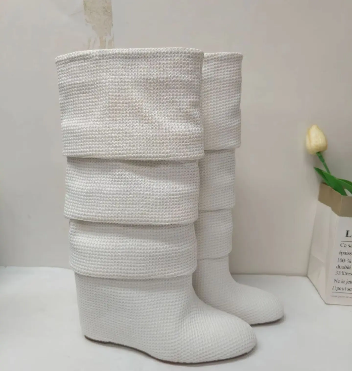 2026 Autumn Winter Knitted Pointed Toe Summer Heel Pumps Wide Cuff Knee High Boots Elegant Office Lady Daily Party Street Shoes view 4