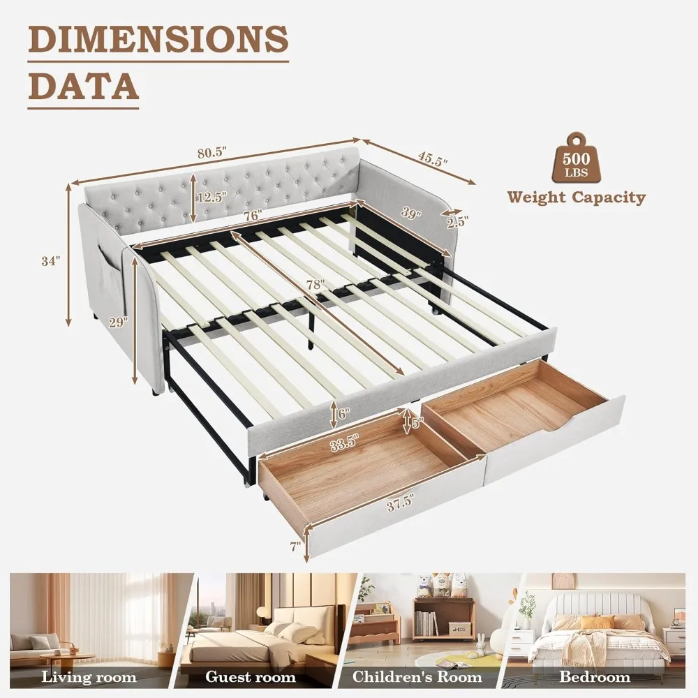 سرير نهاري مزدوج الحجم مع دولاب، أريكة منجدة ممتدة من الكتان مع درجين للتخزين، إطار سرير نهاري من الخشب معنقدة بزر