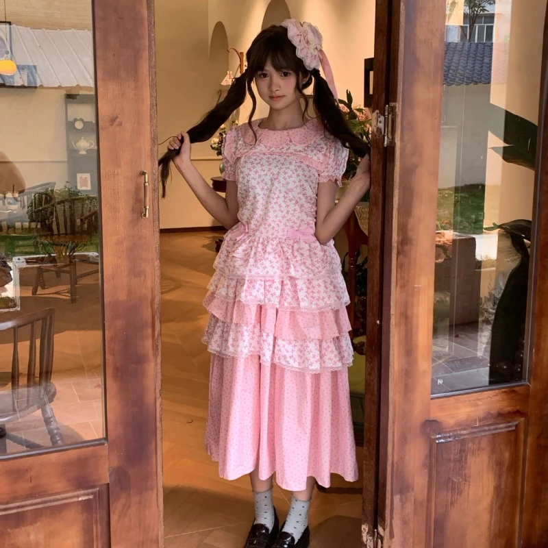 

Japanese Lolita Kawaii 2000s 2 Piece Skirt Sets Sweet Lace Short Sleeve Blouse + Slim Cake Long Skirt Y2k Harajuku Vintage Suits