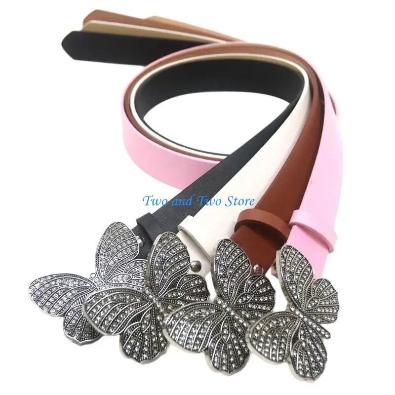 HX6F Simple Adult Waist Belt with Adjustable Diamond Butterfly Buckle Waistband PU Waist Belts for Rock Fan Wear Resistant