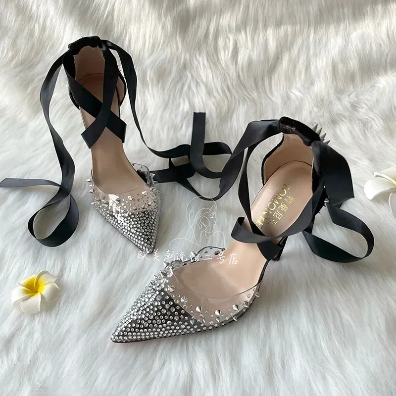 Leopard print thin heel with ankle strap and ribbon high heels, transparent rhinestone silver rivet willow nail women's shoes