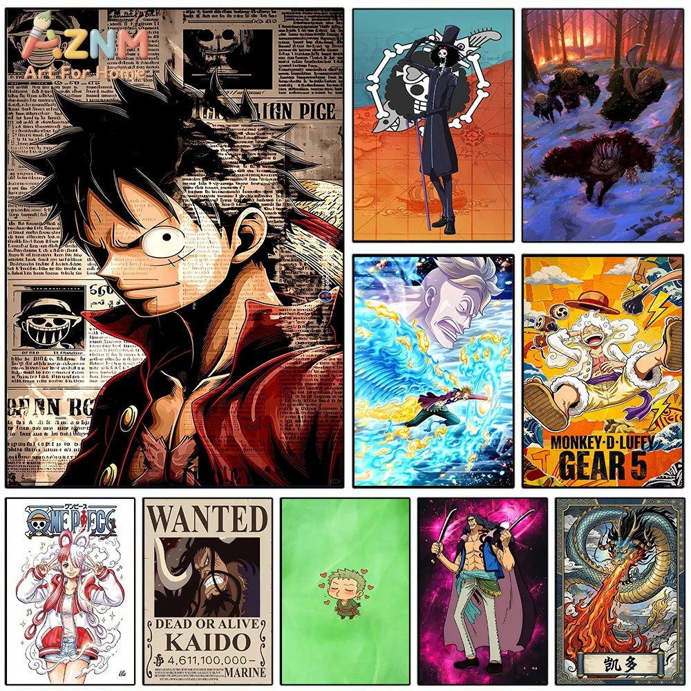 AZNM One Piece Anime Canvas Wall Art Monkey D Luffy Brook Marco Gear 5 Kaido HD Print Frameless Painting Japanese Manga Wanted P