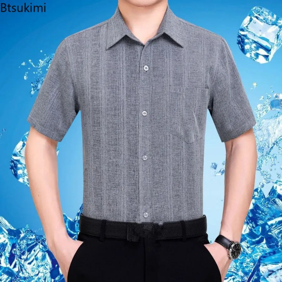 Summer Middle-aged and Elderly Men Clothing Business Casual Short Sleeve Lapel Button Shirts Vintage Cotton Linen Shirts for Men