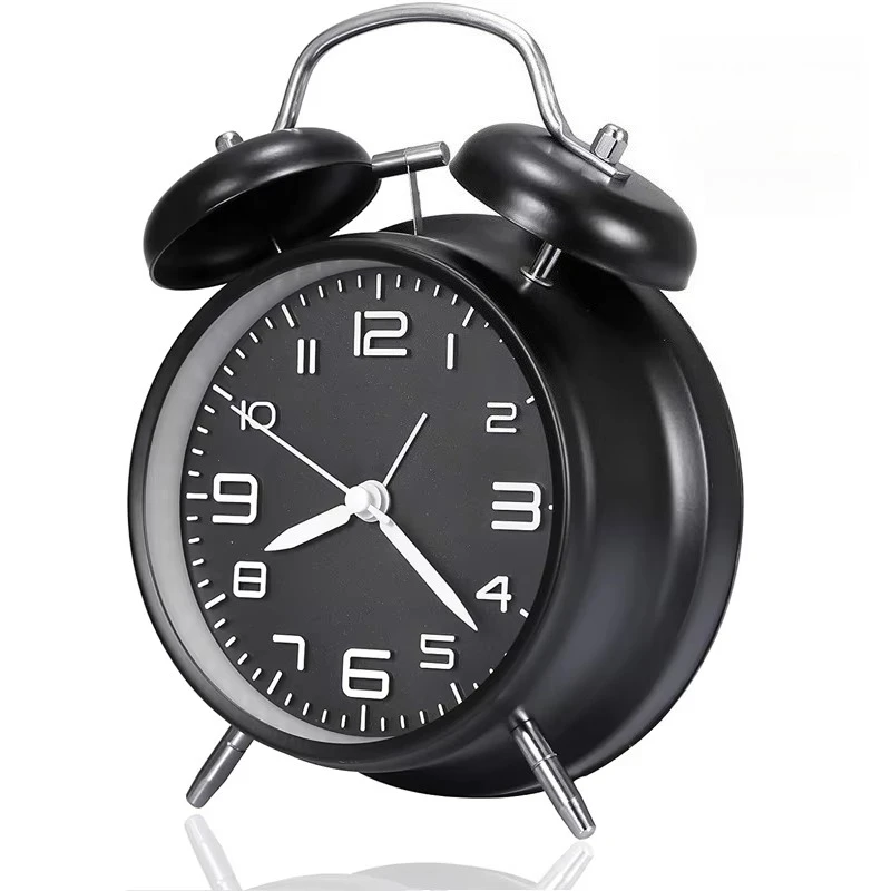 4 Inch Twin Bell Loud Alarm Clock Metal Frame 3D Dial With Backlight Battery Operate Desk Table Clock For Home Office