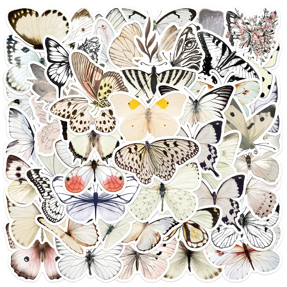 10/30/50PCS Retro White Butterfly Beautiful Sticker DIY Phone Laptop Luggage Skateboard Graffiti Decals Fun for Kid Toy