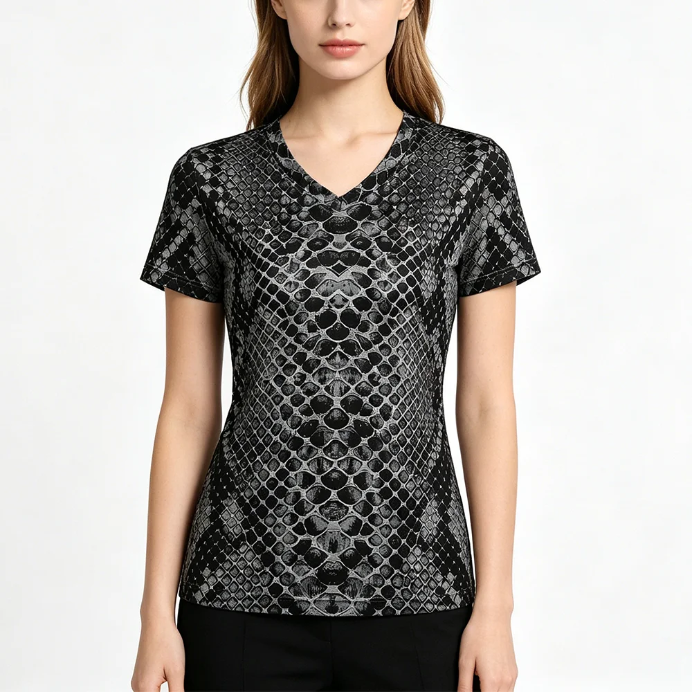 Vintage Snake Skin Print Women T Shirt Slim V Neck Short Sleeve Tee Fashion Animal Python Pattern Party Casual Ladies Basic Tops
