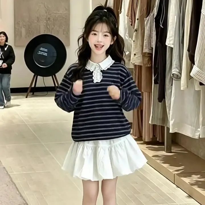 2026 autumn girls Children set long sleeve Teenager 1pc striped t-shirt tops Or 1pc tiered layered skirt 4 8 10 12 14 year korea