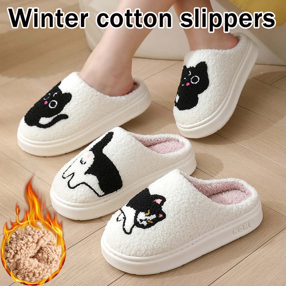 

Домашние тапочки с вышивкой кота и щенка для женщин, зимние нескользящие хлопковые домашние тапочки без шнуровки, уютная домашняя обувь на плоской подошве