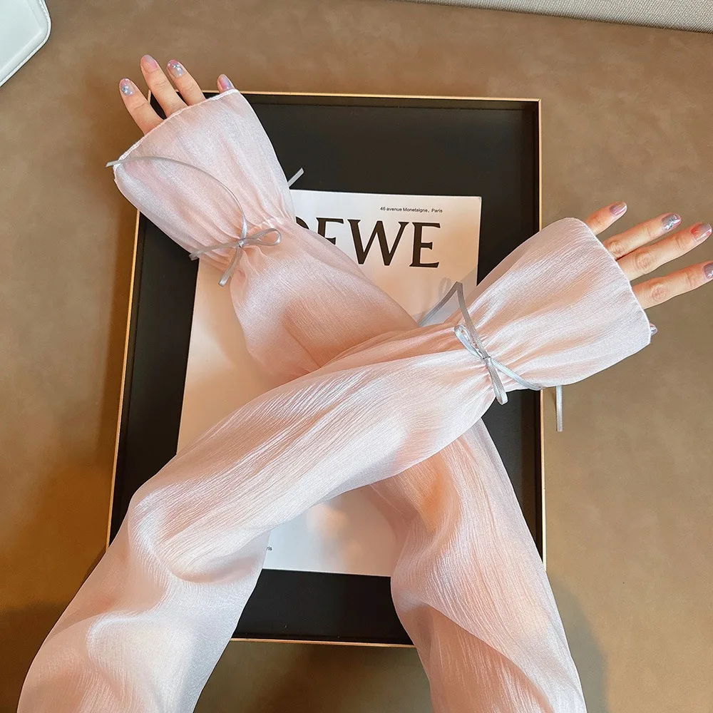 

2pcs/set Sun Protection Bow Gauze Sleeves Thin Polyester Breathable Long Arm Sleeves Silk Ribbon Fingerless