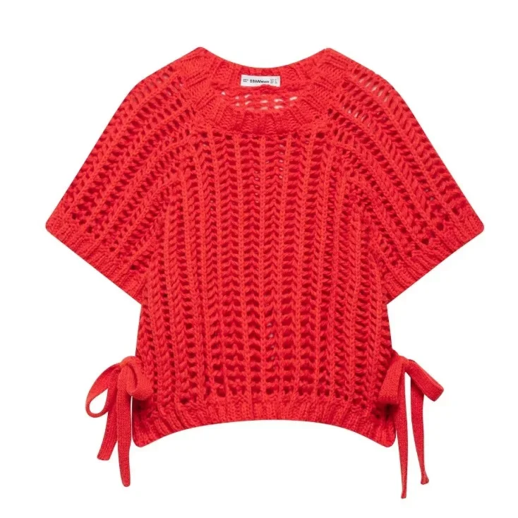 Practical Classic Women Chunky Knit Top with Side Straps O-Neck Short Sleeves Hollow Out Cropped Sweater Pullover for Casual Fem