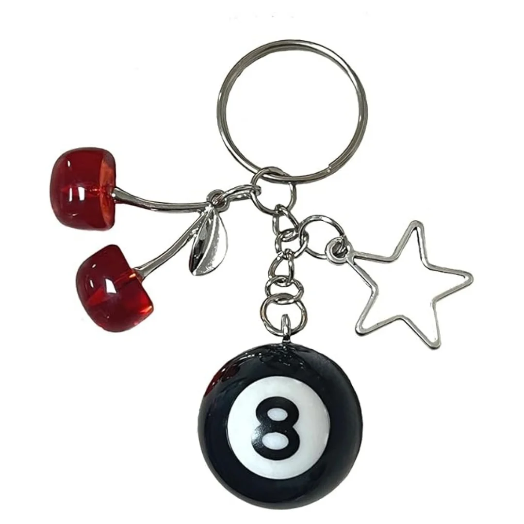 8 Ball keychain, Cherry Keychain, Eight Ball Keychain with Star, Pool Ball Keychain, Creative Key Chain Bag Charm Cute