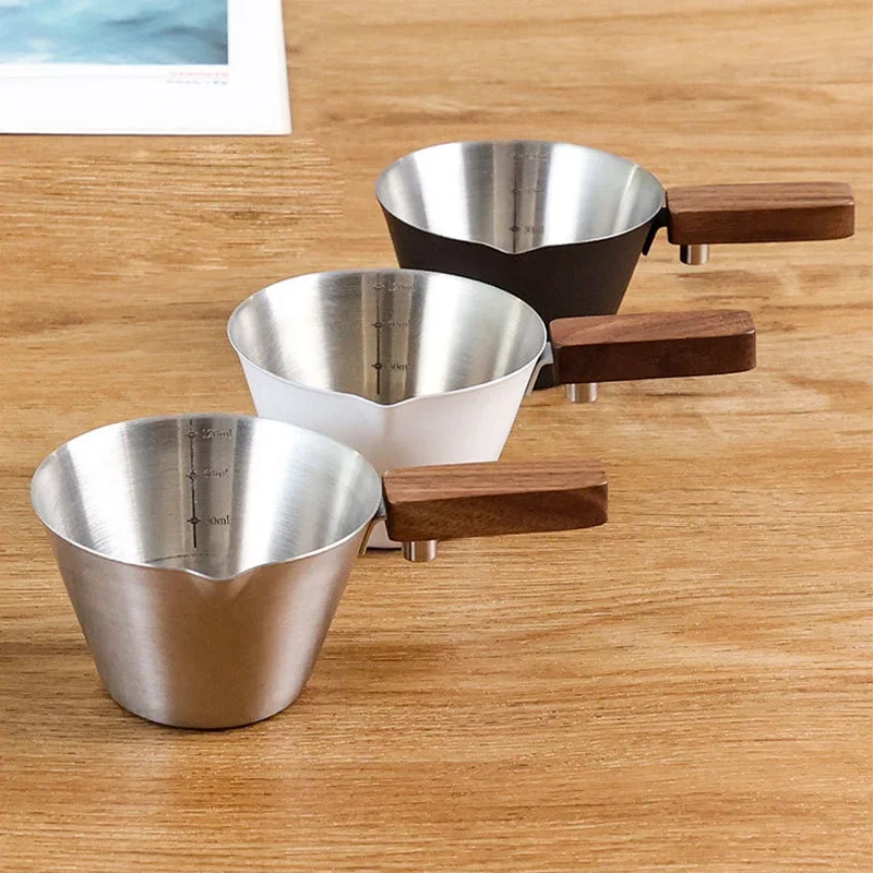 120ML Espresso Measuring Cup with Scale Stainless Steel Coffee Pouring Cup with Wood Handle Thicken Coffee Cup Barista Tool