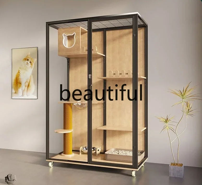 X Panoramic cat villa oversized household cat cage solid wood, villa large indoor luxury glass cat room