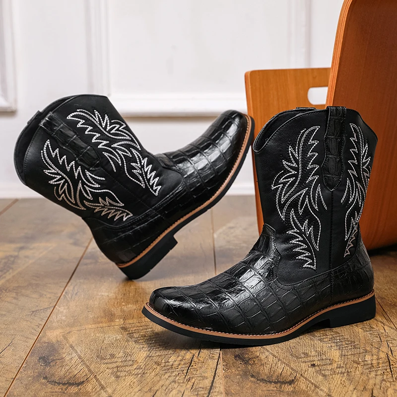 

Мужские высокие сапоги с вышивкой из искусственной кожи в стиле пэчворк, модные классические удобные ковбойские сапоги в стиле вестерн