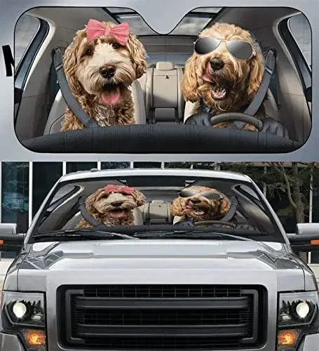 Cute Goldendoodle Wearing Glasses And Bow Car Sunshade For Goldendoodle Lover, Funny Goldendoodle Couple Driving Left Hand Auto