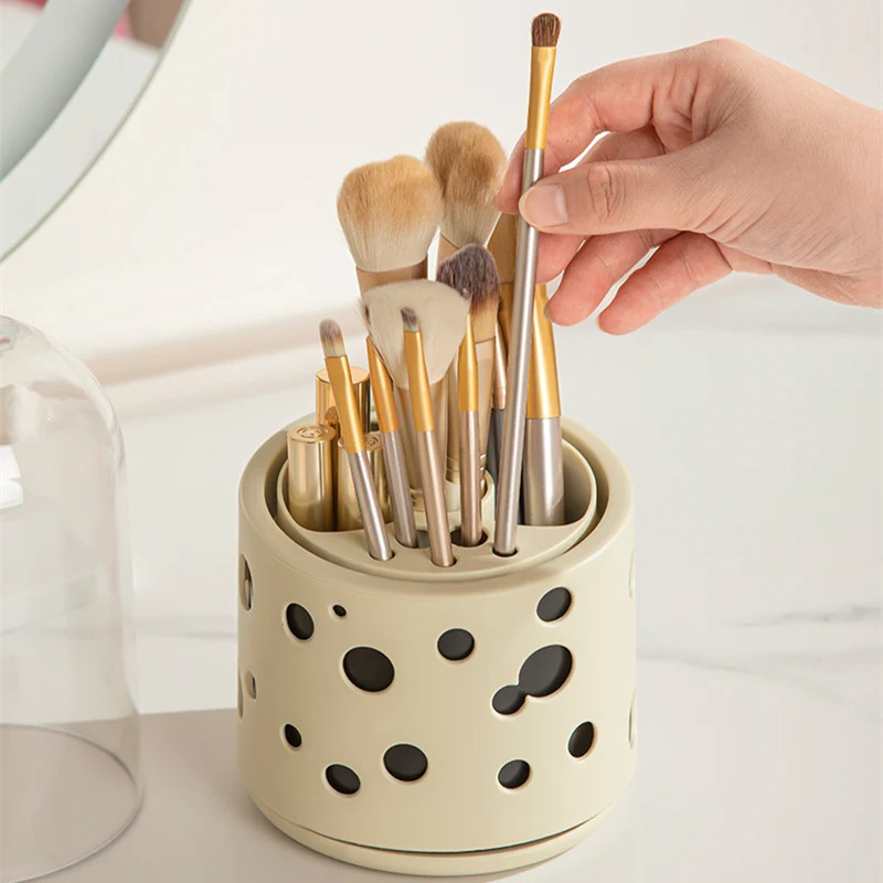 360 Degree Rotating Makeup Brush Holder Cosmetics Organizer With Lid Multi-Function Brushes Holder Lipstick Eyebrow Storage Box