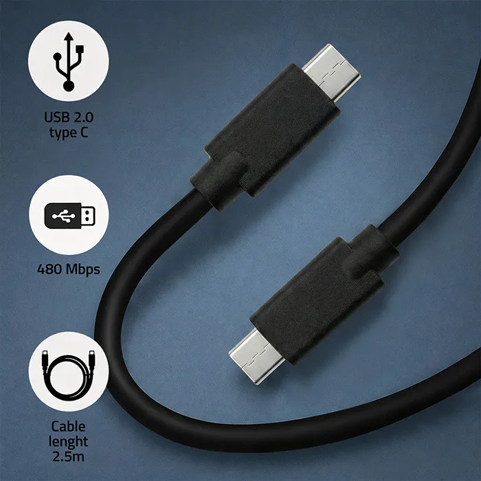Qoltec USB 2.0 Type C-kabel mannelijk | USB 2.0 Type C mannelijk | 2,5m | Zwart