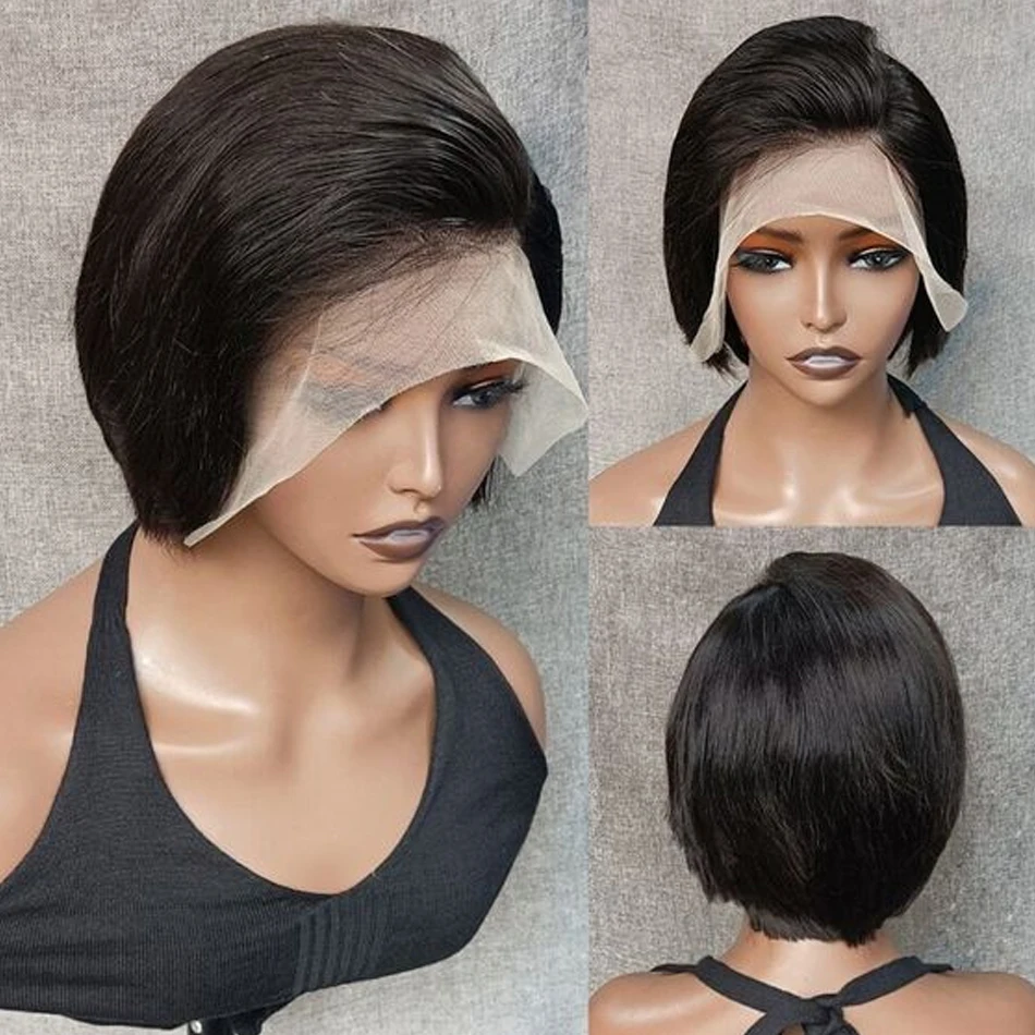 Human Hair 13X2 Wigs Short Pixie Cut Wigs Straight Bob HDTransparent Lace Frontal Wigs For Black Women 250Density Perruque Cheap