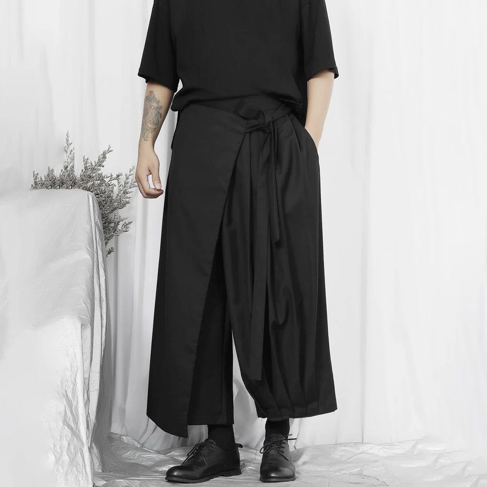 Y2k Ribbon Layered Patchwork Skirt Pants Genderless Streetwear Fashion Dark Gothic Japanese Youth Casual Samurai Pants Unisex