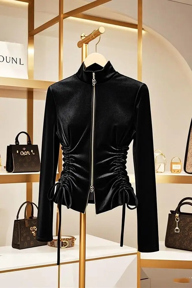 

​​Design Women's Stand Collar Black Double Zip Long Sleeve Tops Unique Chic Slimming Waist Belted Fall Winter​​